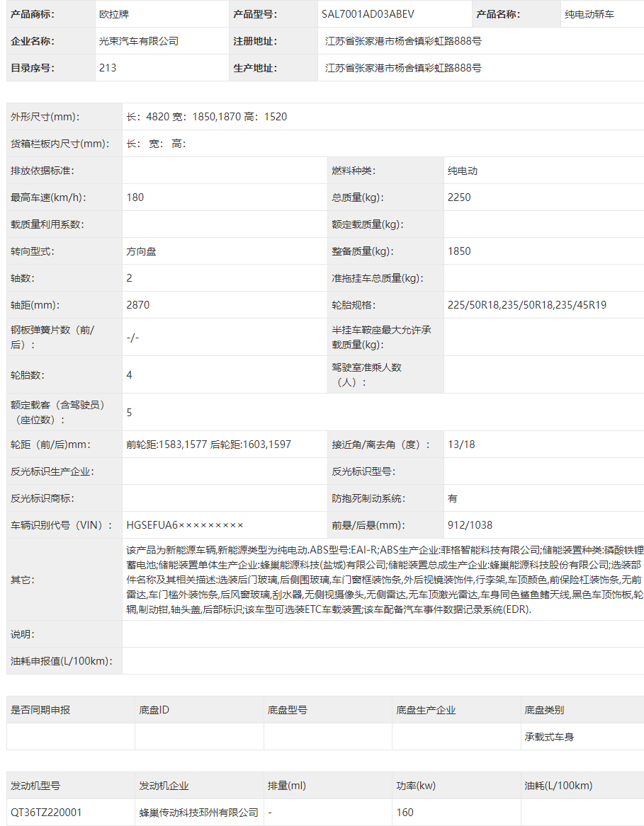 欧拉ORA 7 参数详情